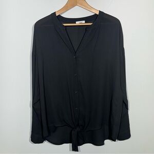 PLEIONE Button Up Blouse Black Sheer Colarless V-neck Size L